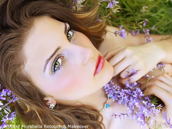 beautiful young woman with violet flowers