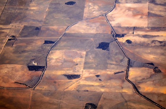 Roads can be seen intersecting drought-affected farming areas located in south-eastern Australia