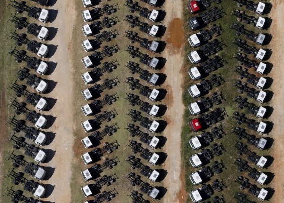 New Ford trucks are seen at a parking lot of the Ford factory in Sao Bernardo do Campo