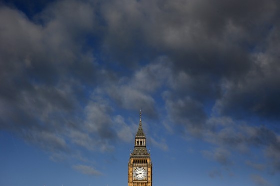 The Big Ben clock is seen during sunrise in London