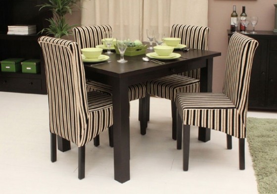 Fantastic Small Dining Tables Minimalist Round Style Furniture with Upholstered Stripes Chair Design Combined with Dark Wooden Table