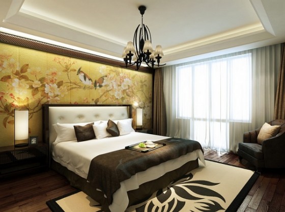 Đầu giường phòng ngủ ấn tượng với bức tranh hoa điểu truyền thống của văn hóa Trung Hoa